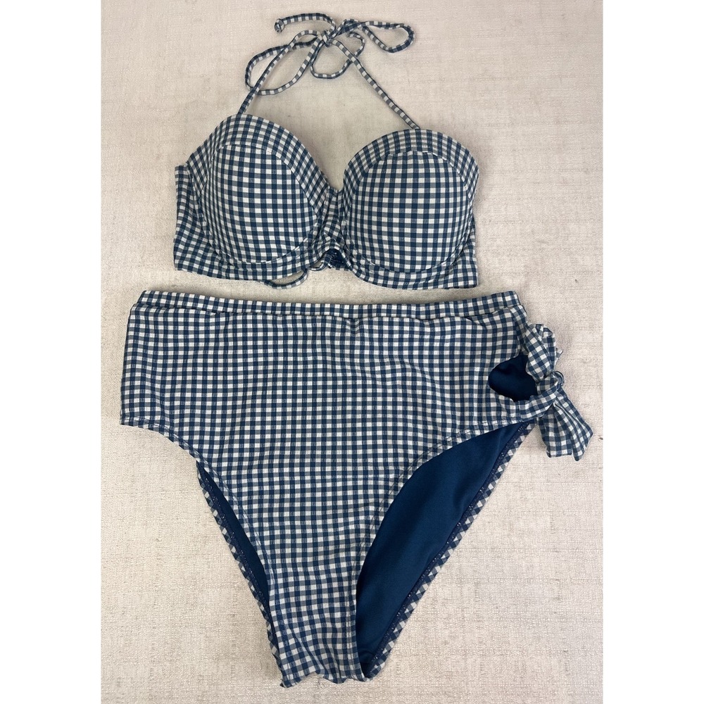 Juicy Couture Blue And White Gingham Plaid High Waisted Swimsuit Sz L